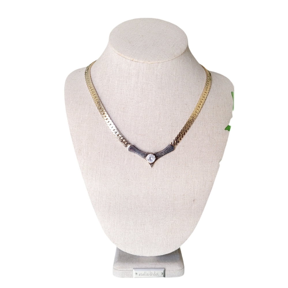 Vintage Gold Tone Herringbone Chain Necklace with Central Crystal Pendant